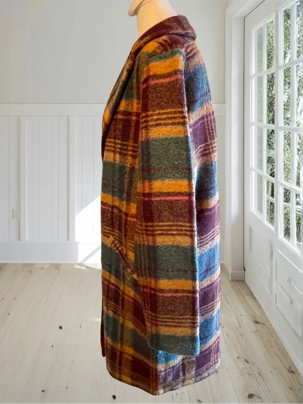 RACHEL ZOE Womens Large Plaid Wool Blend Overcoat NWOT Teal Gold Burgundy Coat - Picture 7 of 14